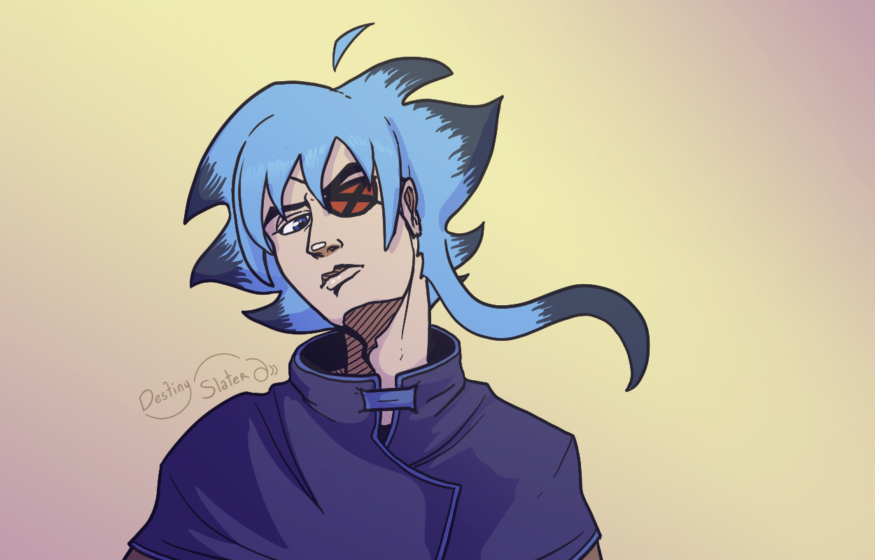 Kuro, a blue-haired boy with an eyepatch, with a lock of hair that moves like a cat tail.
