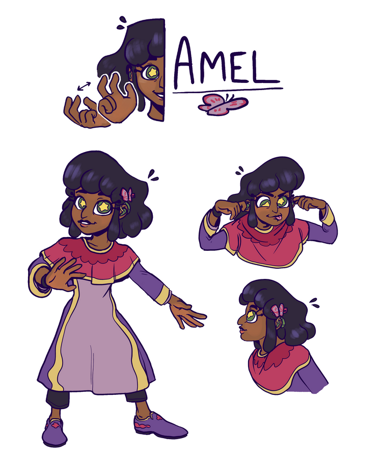 Amel, a girl in a purple dress, with expression studies.