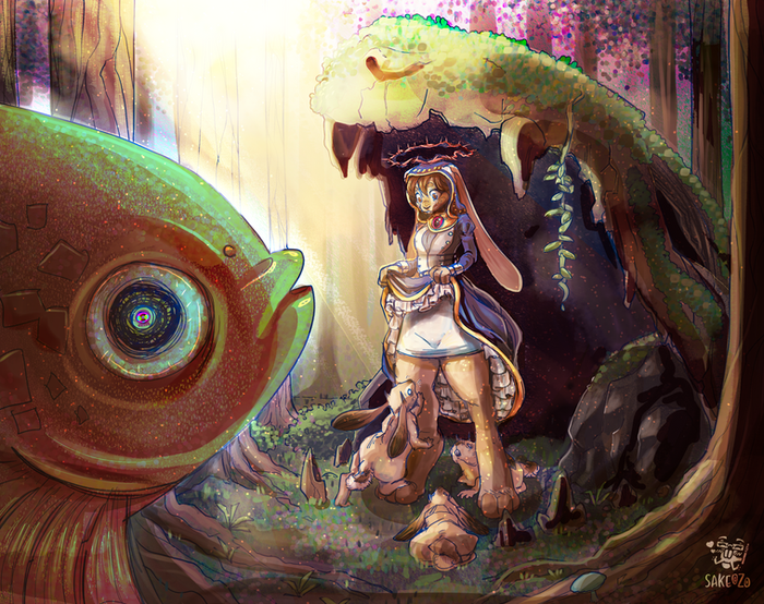 A bunny girl with a red halo stands under a cave shaped like a fanged bunny skull, beside a giant glowing fish.