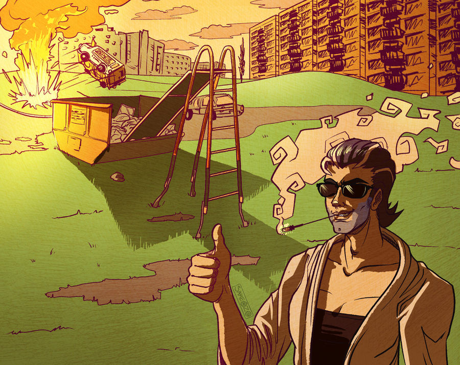 A man gives a thumbs-up while a huge explosion goes off behind him.