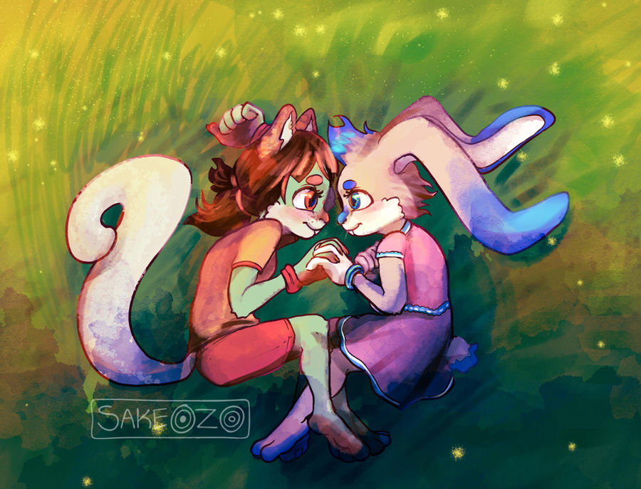 Two young characters lie in a grassy field gazing at each other.
