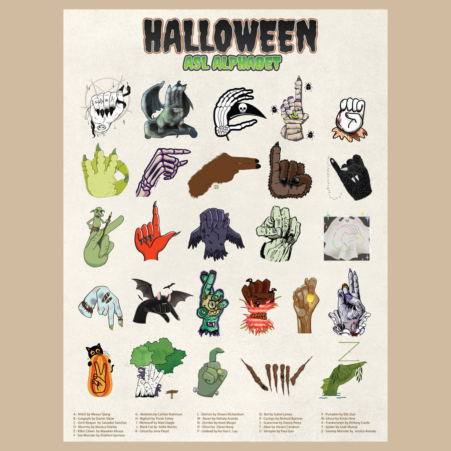 A Halloween ASL alphabet poster made by 26 Deaf artists.