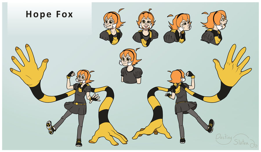 Character reference sheet for Hope Fox with five expressions and poses.