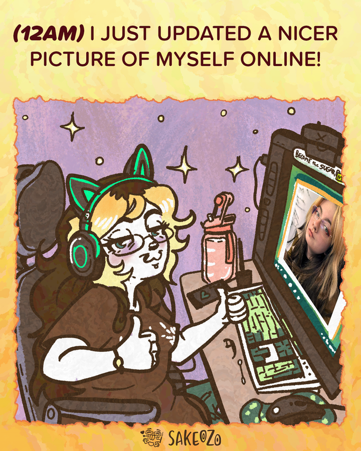 Destiny at her desk at midnight: "I just updated a nicer picture of myself online!"
