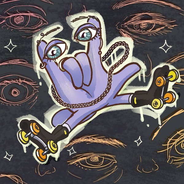 A creature shaped like the "I love you" handshape, with eyes all around it.