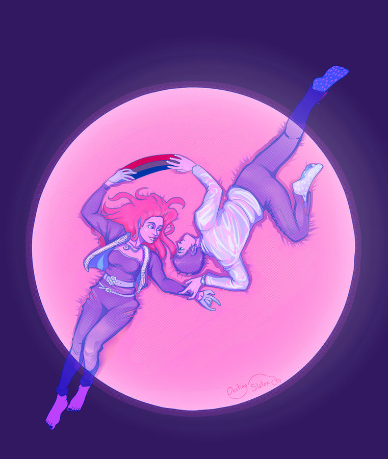 Two characters float in front of a huge glowing pink moon.