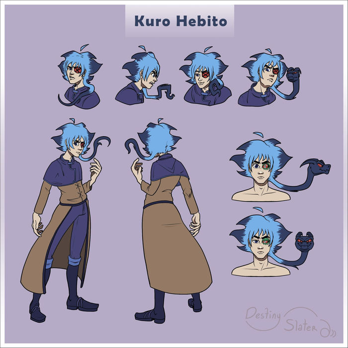 Character reference sheet for Kuro Hebito with four expressions and full-body poses.