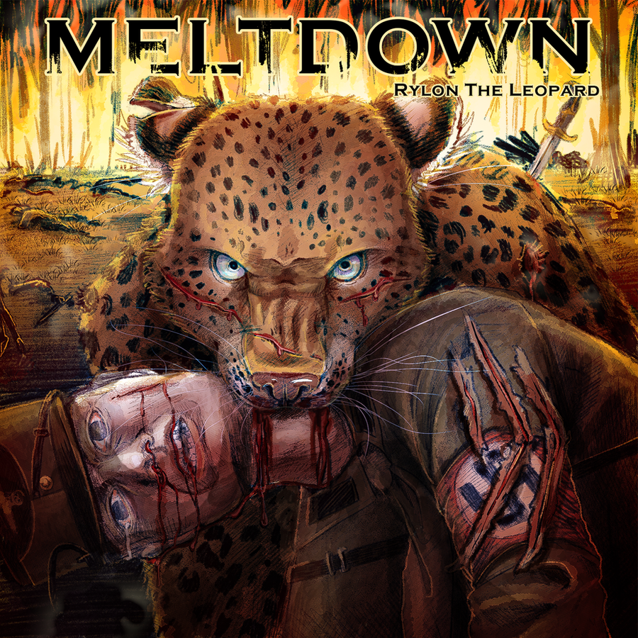 Close-up of a scarred leopard, cover art for Meltdown by Rylon the Leopard.