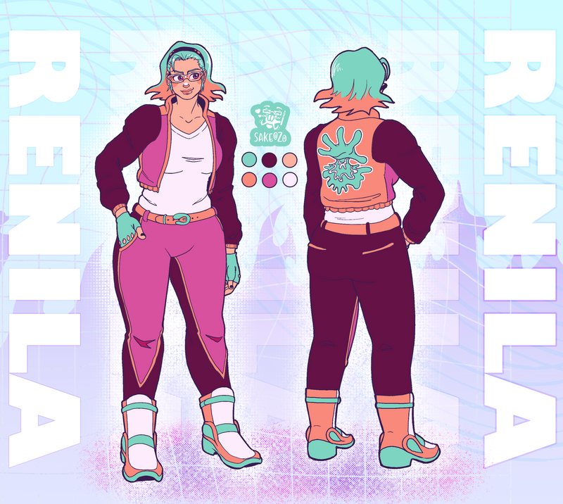 Renila, front and back, with her colour palette.