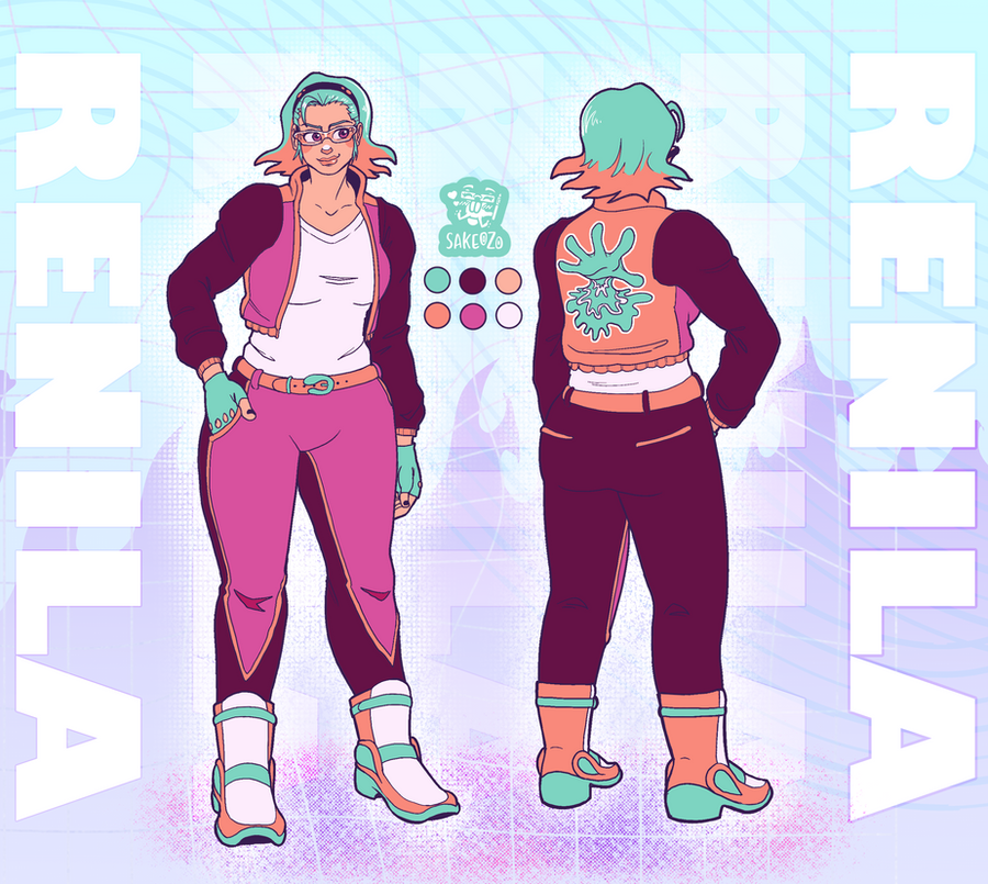 Renila, front and back, with her colour palette.