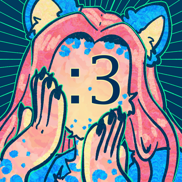 A faceless leopard with long pink hair, a semicolon in place of a face.