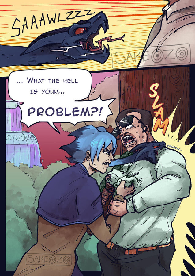 A demon snake strikes; a blue-haired boy shouts "What, you wanna fight?!"