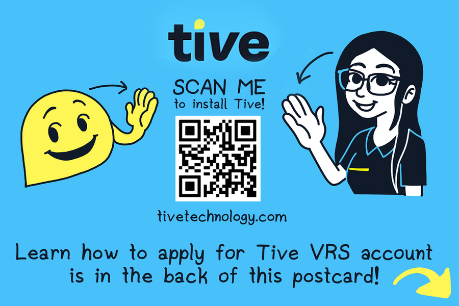 A Tive postcard with a QR code and two characters signing hello.