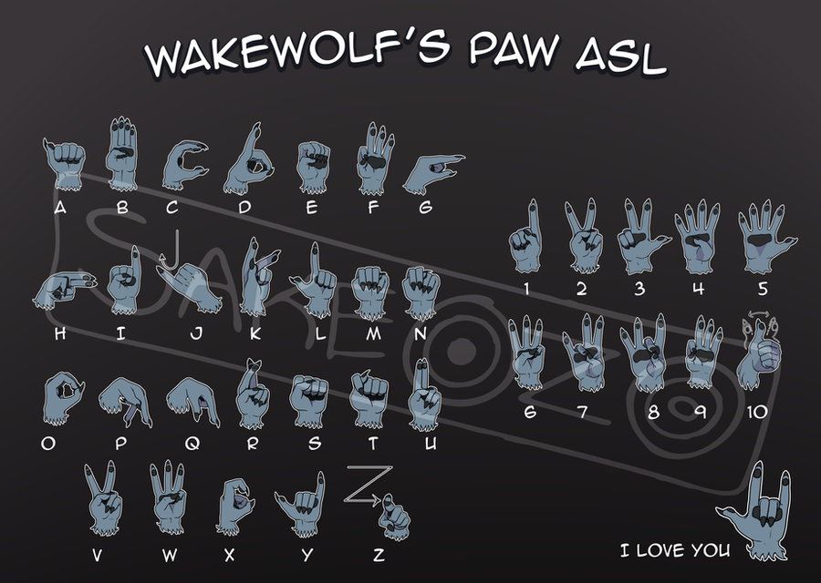 A grey wolf paw fingerspelling the ASL alphabet and numbers one to ten.