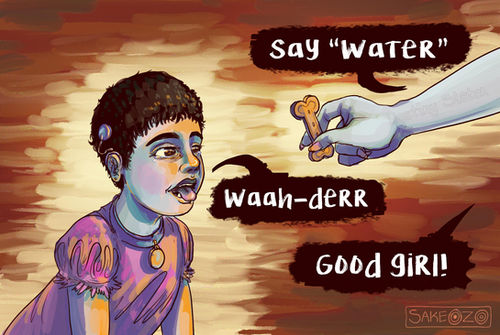A girl with blue hair and cochlear implants eagerly signs "water" while a hand holds out a glass.