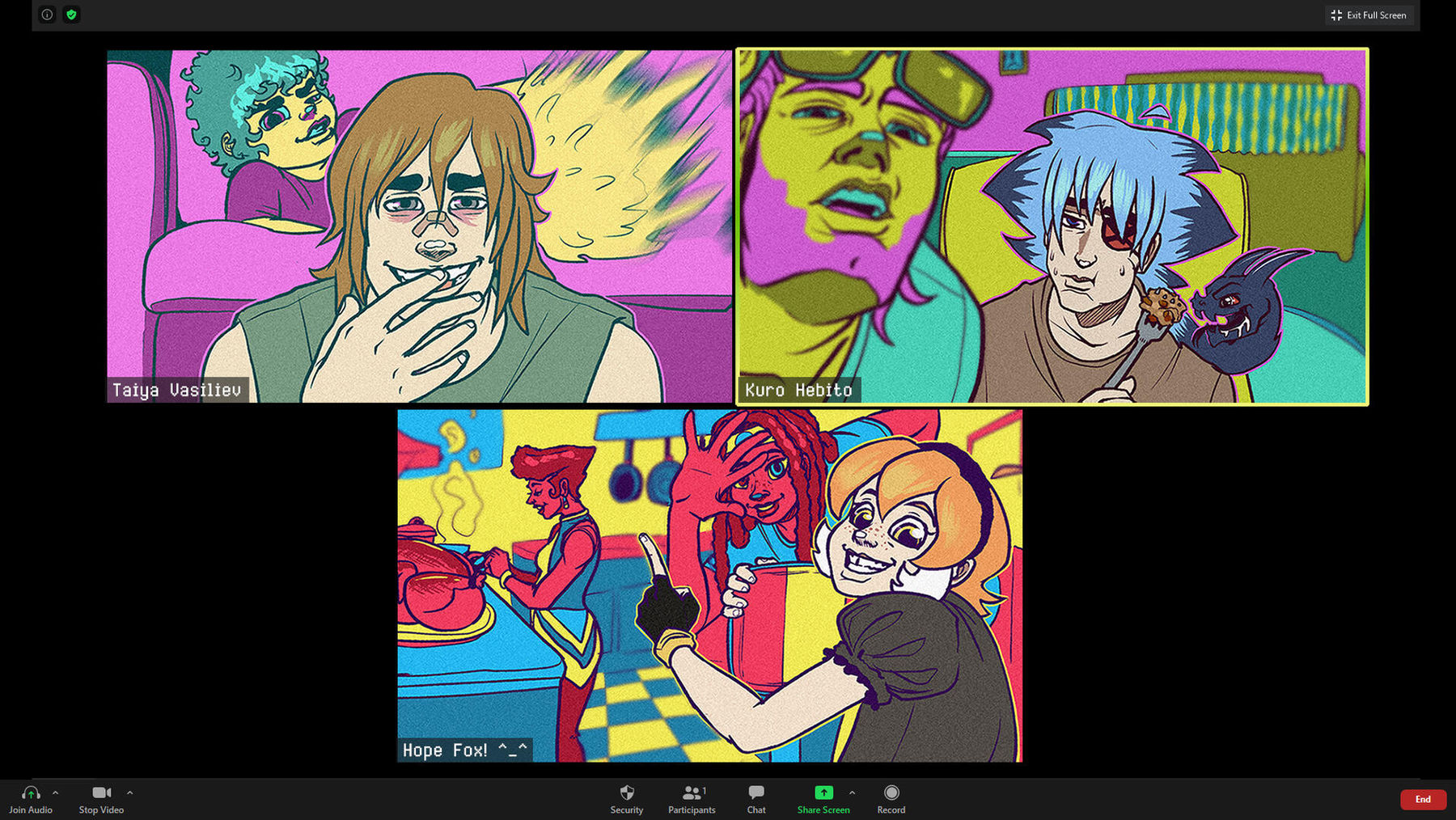 A video call with the How Lovely!~ trio in three bright windows.
