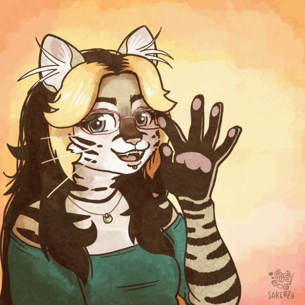 Animated loop: a smiling woman drawn as a striped cat with glasses and blonde bangs waves her paw.