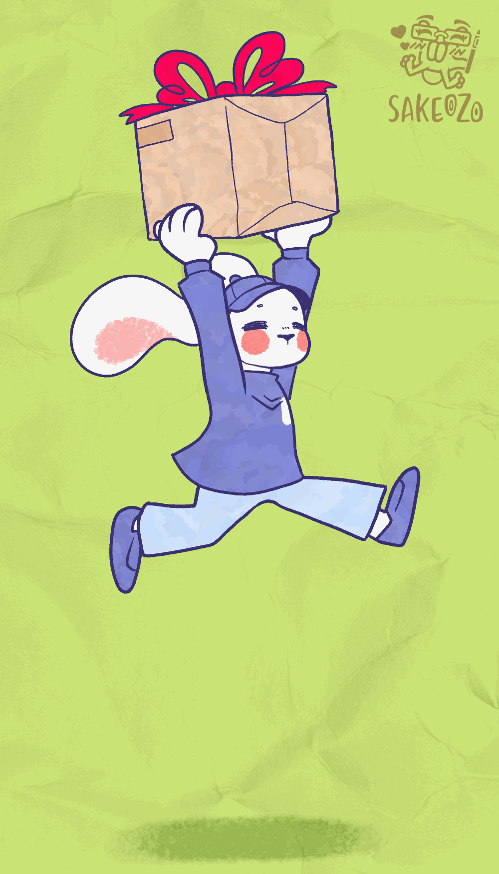 Looping animated gif of mail bunny hopping with giant package box that has hot pink-red ribbon bow tied on top.