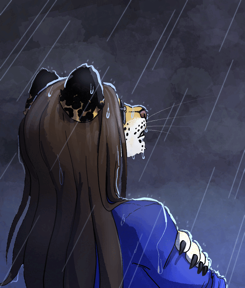 Back view shot of Rylon the Leopard, a long brown haired anthromorphic leopard, looks outside at the raining cloud. The vibe is gloomy.