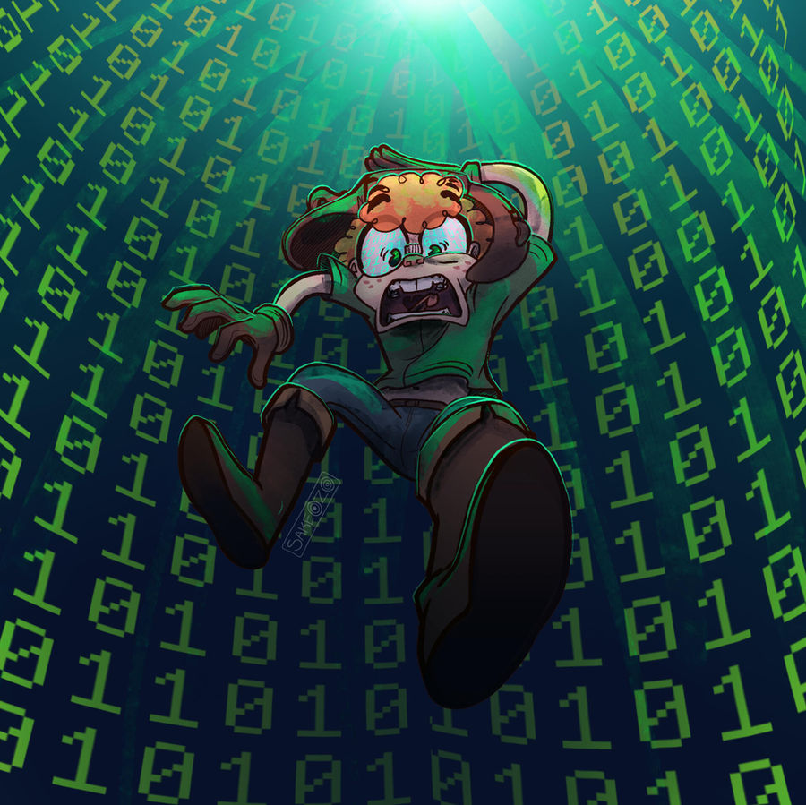 Low-angle view of a ginger-haired nerdy boy holding his hat for dear life, looking scared as he falls downward from a tall tunnel of digital binary columns. There is a faint light shining through from the top, suggesting that he jumped in.