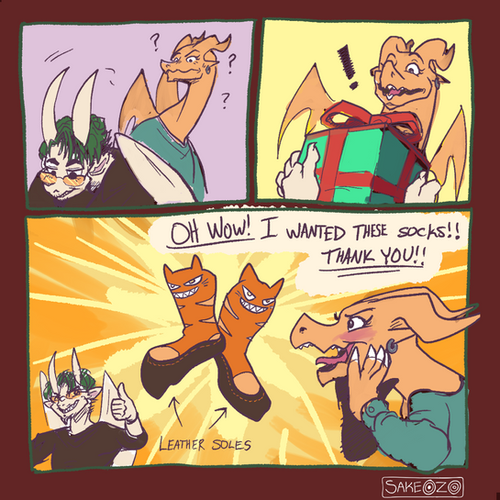 Three-panel comic "Cat Socks": a horned character gives an orange dragon a gift, and the dragon gasps "OH WOW! I WANTED THESE SOCKS!! THANK YOU!!" at grinning orange cat-shaped boots labeled "Leather soles."