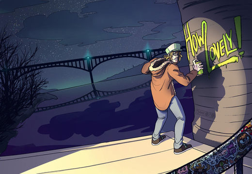 This illustration showcases a scene at night, featuring a character named Taiya Vasiliev. Taiya is depicted mid-action, turning to look back with a startled expression as if being caught in the act. He is spray painting graffiti that reads "HOW LOVELY!" in bright, dripping green letters on a large cylindrical structure.

Taiya is dressed in a warm, brown hooded jacket with fur lining, a light green cap, and jeans. His blonde hair peeks out from under the cap, and he holds a spray paint can in his right hand. The setting is under a bridge that spans across the background, with the night sky filled with stars and a few clouds.

In the foreground, on the bottom-right corner, there are several colorful stickers featuring different characters. These stickers are a tribute to the artist's other creations, even though they belong to different universes. The overall scene is illuminated by a soft light that highlights Taiya and the graffiti, creating a contrast with the darker surroundings.