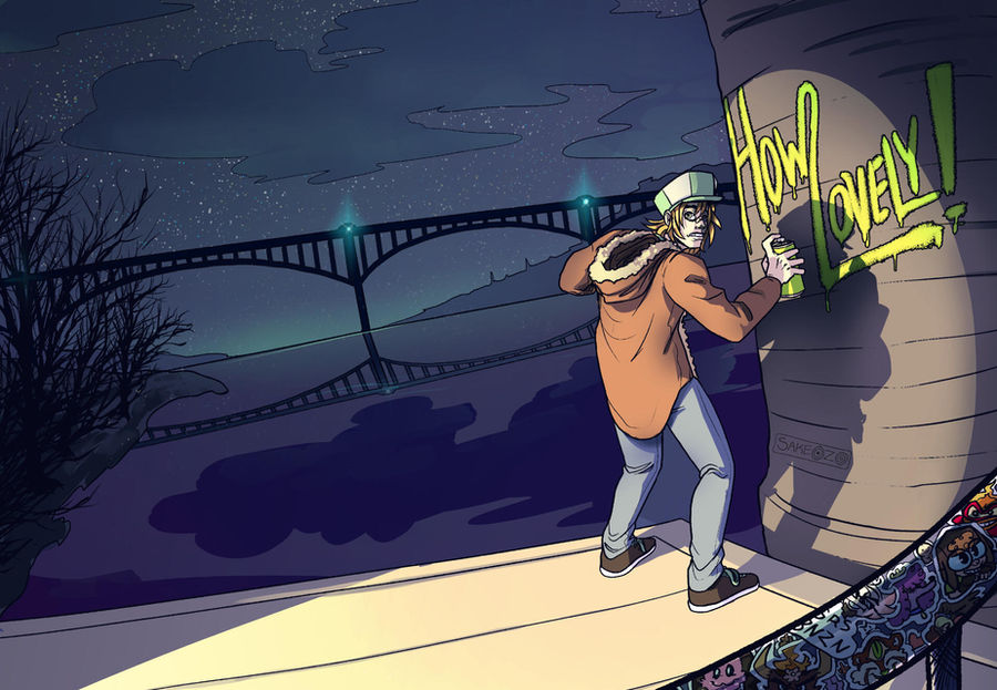 This illustration showcases a scene at night, featuring a character named Taiya Vasiliev. Taiya is depicted mid-action, turning to look back with a startled expression as if being caught in the act. He is spray painting graffiti that reads "HOW LOVELY!" in bright, dripping green letters on a large cylindrical structure.

Taiya is dressed in a warm, brown hooded jacket with fur lining, a light green cap, and jeans. His blonde hair peeks out from under the cap, and he holds a spray paint can in his right hand. The setting is under a bridge that spans across the background, with the night sky filled with stars and a few clouds.

In the foreground, on the bottom-right corner, there are several colorful stickers featuring different characters. These stickers are a tribute to the artist's other creations, even though they belong to different universes. The overall scene is illuminated by a soft light that highlights Taiya and the graffiti, creating a contrast with the darker surroundings.