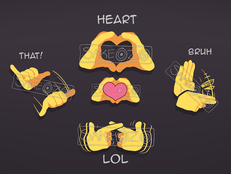 A stylized depiction similar to an emoji presenting four signs surrounding yellow hands making a heart symbol with a pink heart in between them.
- On the bottom two there are hands with their pointer fingers towards one another, angled up and with their thumb raised. Around them there are lines following the contour of the hands depicting back and forth motion with the text "LOL" under them
- On the left there is a hand with the thumb and pinkie sticking out with another one below, in between there's lines indicating downward movement.
- On the right there is an open hand with the thumb curled inward. Bellow it there is a hand with the middle and pointer finger sticking out, in between there are lines showing downward movement and the first hand shape becoming the second. Above them there's the word "BRUH"
- Above the two hands making a "C" like shape coming together to form a heart like in the middle drawing. Above there is text saying "HEART".
The background is a dark beige color