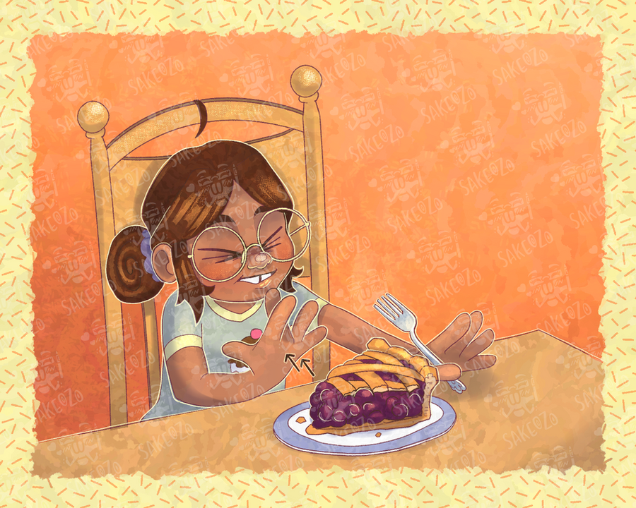 The same little girl now sitting on a chair smiling with her eyes closed signing "Favorite". In front of her there is a plate with a slice of pie. 
The background is a orange color  with the same watercolor like texture as the previous panel