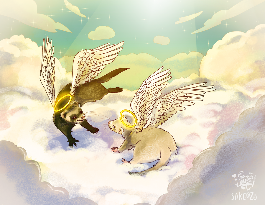 Two angel ferrets in the bright glowing heaven playfully do the war dance with each others. On the left is dark bandit ferret and on the right is light ferret.