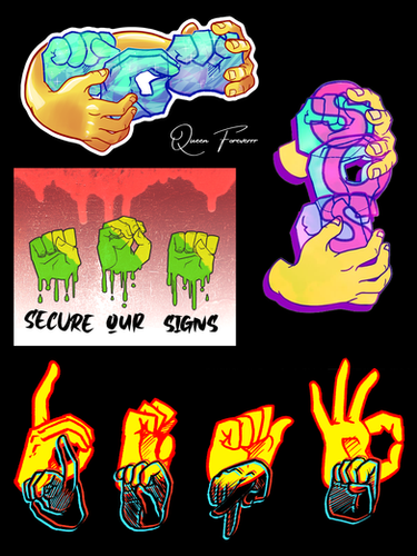 Various of graphic logo designs focusing on the them of "SOS" (Secure our signs" and at the bottom is fingerspelled "Deaf Dope"