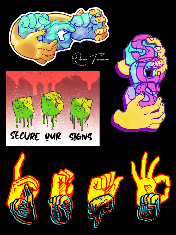 Various of graphic logo designs focusing on the them of "SOS" (Secure our signs" and at the bottom is fingerspelled "Deaf Dope"