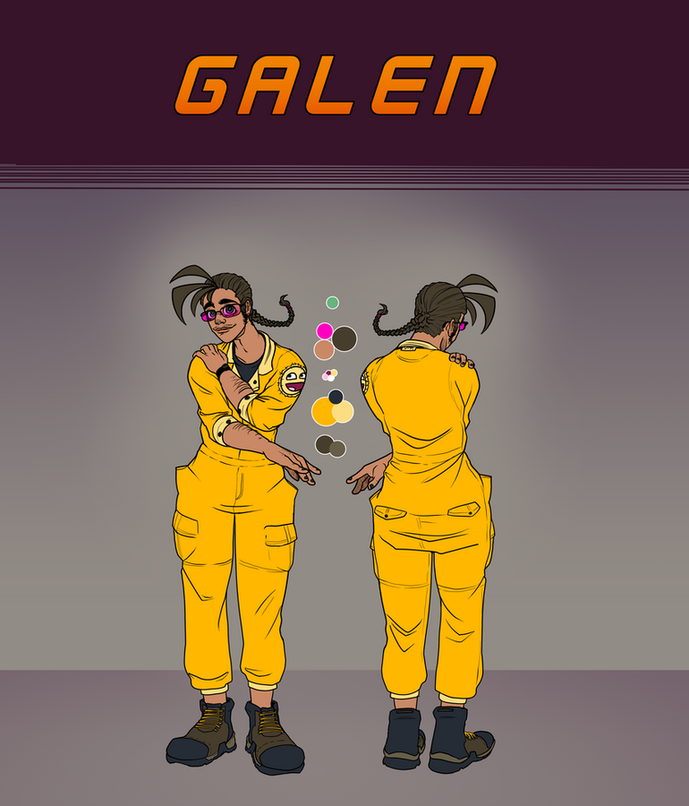 Character reference sheet titled "GALEN" from Race Against Tempium showing a person with braided pigtails and pink glasses in a yellow jumpsuit and work boots, front and back views, with a color palette.