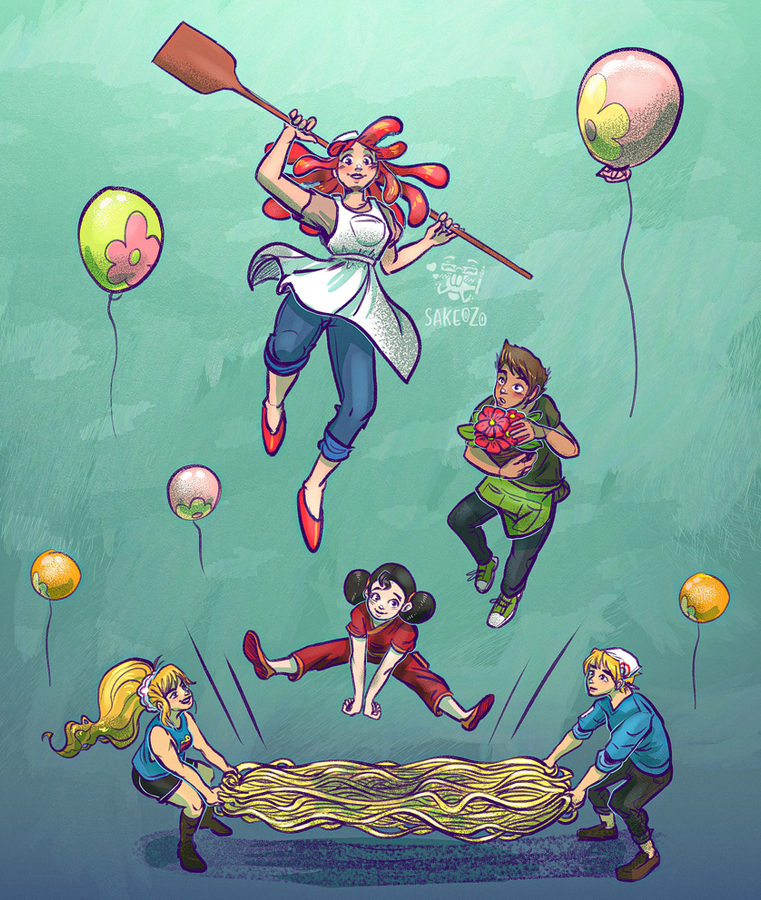 Group picture featuring 5 different characters owned by Puccanoodles, respectively. Starting from the top, with the closest perspective subtly vanishing toward the bottom.

Biscotti, a red-haired female character wearing an apron, confidently poses in the air while holding a bread baking tool.
Basil, a brown-haired male character, holds a pot of pink flowers and blushes as he looks up at Biscotti.
Ziao Long Bao, a black-haired female character with her hair in two large buns and wearing a traditional Chinese outfit, stretches as she's in the air.
At the bottom, we see a trampoline made out of ramen noodles being held by blond twins, both wearing blue shirts, black pants, and brown shoes.

Flower-pictured balloons are scattered throughout the picture.

In the center, by Biscotti, there is an artist's watermark by Sakeozo.