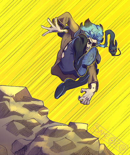 Kuro Hebito is captured mid-air in a dynamic, crouching pose, leaping over a jagged rock formation. His vibrant blue hair flows behind him, with one thick strand transformed into a dark demonic snake with glowing red eyes. He wears an eyepatch over his left eye and is dressed in his signature dark blue and tan high-collared outfit. The background is a bright, solid yellow with diagonal motion lines, emphasizing the speed of his jump. There is an artist's watermark logo by Sakeozo at the bottom-right corner.