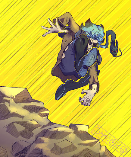 Kuro Hebito is captured mid-air in a dynamic, crouching pose, leaping over a jagged rock formation. His vibrant blue hair flows behind him, with one thick strand transformed into a dark demonic snake with glowing red eyes. He wears an eyepatch over his left eye and is dressed in his signature dark blue and tan high-collared outfit. The background is a bright, solid yellow with diagonal motion lines, emphasizing the speed of his jump. There is an artist's watermark logo by Sakeozo at the bottom-right corner.