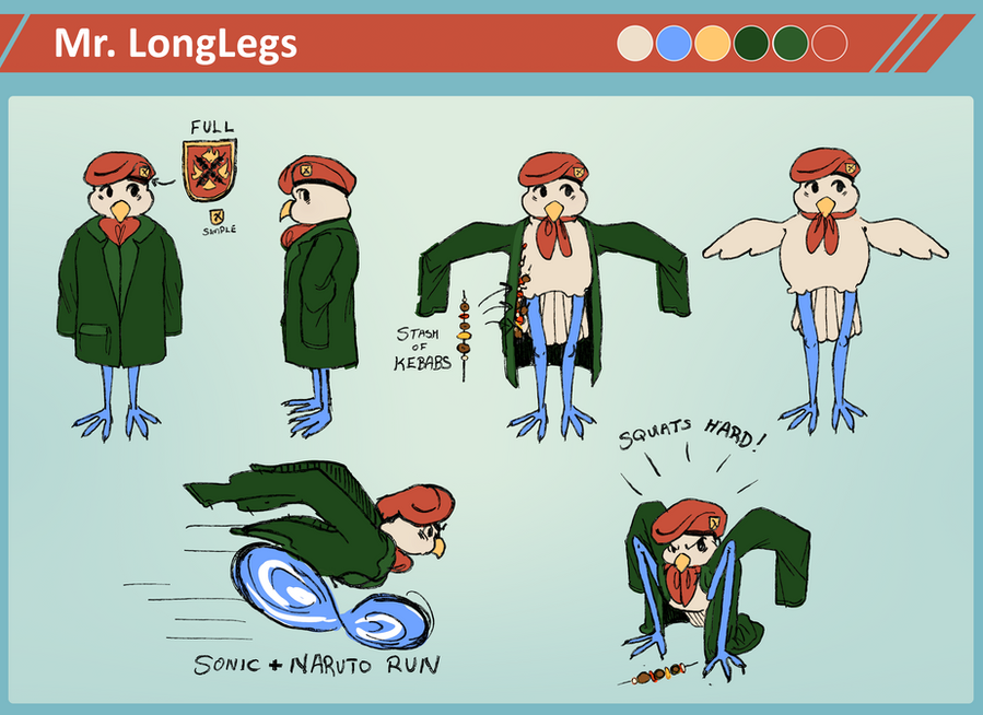 A turnaround character reference sheet of Mr. Longlegs. Front and side showing Mr. Longlegs with his long green trench coat button closed. A small symbol zoomed in and enlarged to show his hat's badge, which is crossed kebab in fire logo design badge. Two fronts,  one with trench coat open and unbutton, revealing he have stash of kebab stored in his coat, and other front is without coat. At the borrom to show two unique poses, left is running with legs looking so abstract. Right is squatting aggressively.