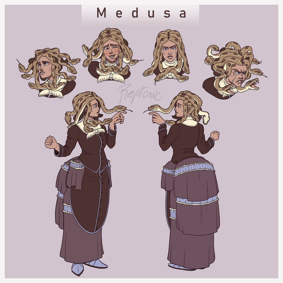 Character reference sheet titled "Medusa" from How Lovely!~, showing a woman with blond snake hair in a dark Victorian bustle gown from front and back, plus four expression heads, on a mauve background.