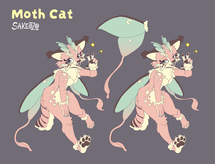 Character design of "Moth Cat," a pink cat with pale green moth wings, antennae and spotted fur, shown in two versions flashing a peace sign, with a separate wing detail on a dark gray background.
