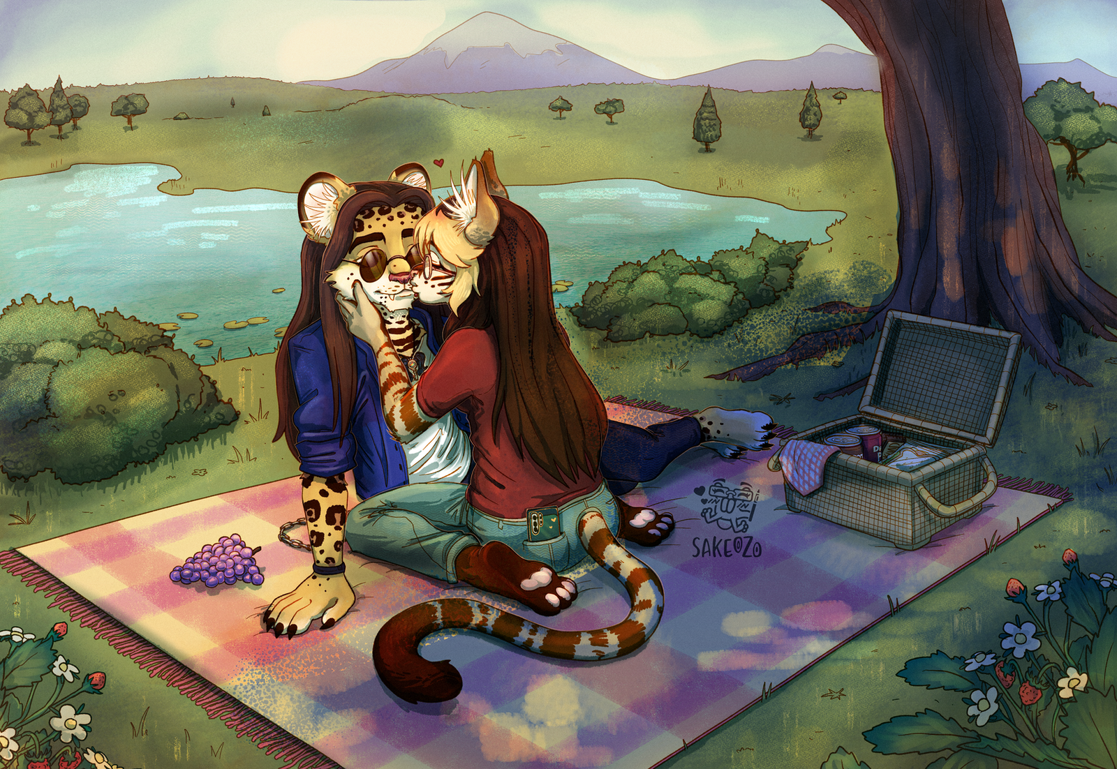 A daytime park scene with a lake, mountain, and trees. The main subject is two couples sitting on a picnic blanket under a tree, a long-haired, round-sunglassed male leopard being kissed by a female black-footed cat with long brown hair and a blonde bang. There is an open picnic basket that contains napkins, sandwiches, and two canned sodas. Next to the leopard, there is a grape. In the bottom left and right corners, there is a front perspective frame, and they are wild strawberry plants.