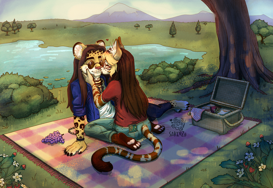 A daytime park scene with a lake, mountain, and trees. The main subject is two couples sitting on a picnic blanket under a tree, a long-haired, round-sunglassed male leopard being kissed by a female black-footed cat with long brown hair and a blonde bang. There is an open picnic basket that contains napkins, sandwiches, and two canned sodas. Next to the leopard, there is a grape. In the bottom left and right corners, there is a front perspective frame, and they are wild strawberry plants.