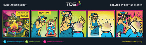 Five-panel comic strip titled "SUNGLASSES SECRET, CREATED BY DESTINY SLATER" with TDS branding, showing a lion character in sunglasses and a cap with a small rat by a campfire, in bright pink and yellow colors.