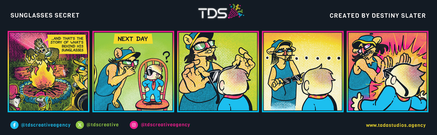 Five-panel comic strip titled "SUNGLASSES SECRET, CREATED BY DESTINY SLATER" with TDS branding, showing a lion character in sunglasses and a cap with a small rat by a campfire, in bright pink and yellow colors.