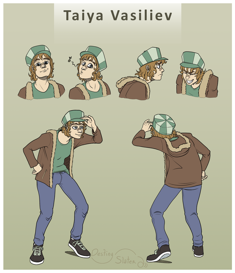 A character reference sheet for Taiya Vasiliev. The top row contains four headshots: a pleasant smile, a whistling face, a serious profile, and a laughing expression. He has a shoulder-length long wavy brown hair and wears a green-and-white striped boxy cap. Below, two full-body views show him from the front and back in a slightly hunched. He is dressed in a brown jacket with a fur-lined hood, a green shirt, dull blue jeans, and black-white sneakers. A credit for Destiny Slater is at the bottom right.