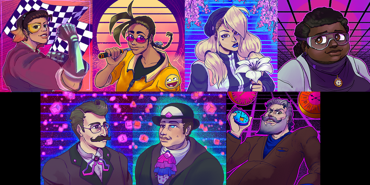 Grid of seven bust portraits of the Race Against Tempium cast in a neon synthwave style, each with a glowing pink, purple and blue background of grids, sunsets and checkered flags.