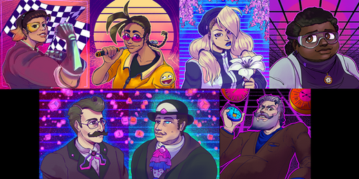 Grid of seven bust portraits of the Race Against Tempium cast in a neon synthwave style, each with a glowing pink, purple and blue background of grids, sunsets and checkered flags.