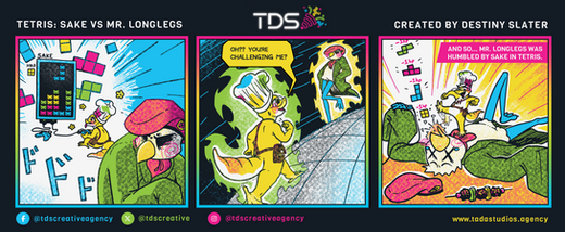 Three-panel comic strip titled "TETRIS: SAKE VS MR. LONGLEGS, CREATED BY DESTINY SLATER" with TDS branding, showing a parrot playing Tetris and a yellow cartoon character in a bright blue and green game world.